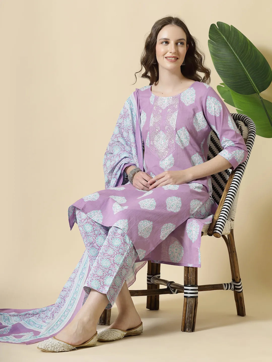 Lavender Pure Cotton Floral Printthreadwork Kurta Dupatta Pant Set