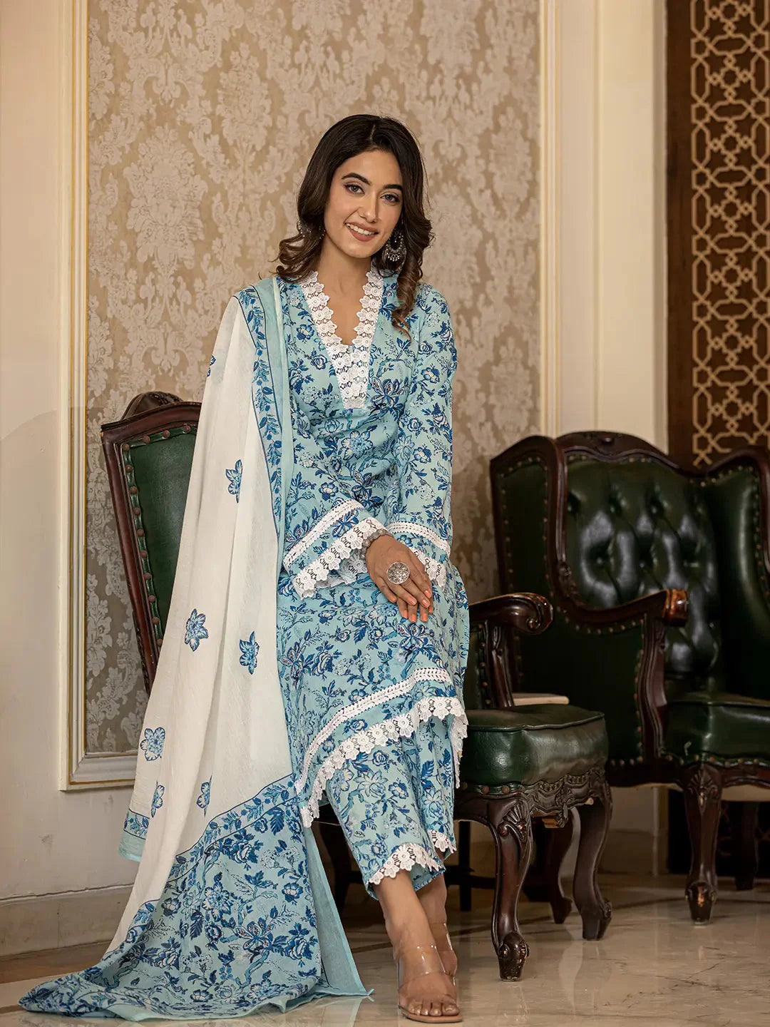 Light Blue Floral Print Straight Pakistani Style Kurta Trouser And Dupatta Set