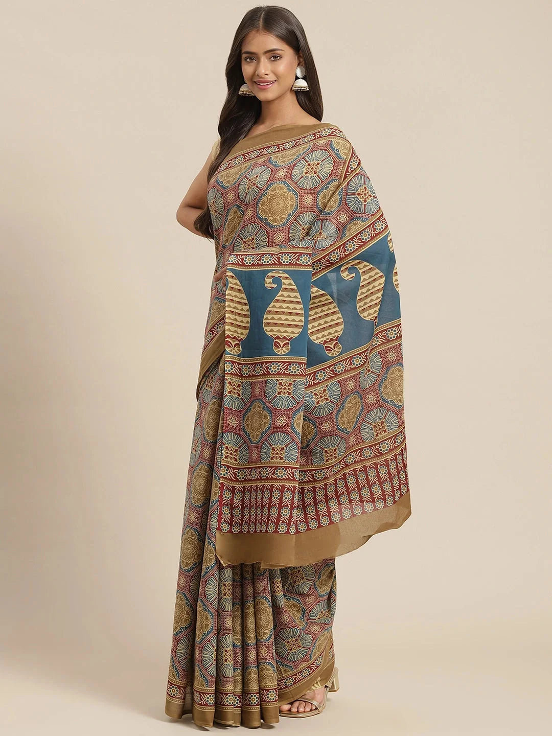 Maroon and Beige Printed Saree