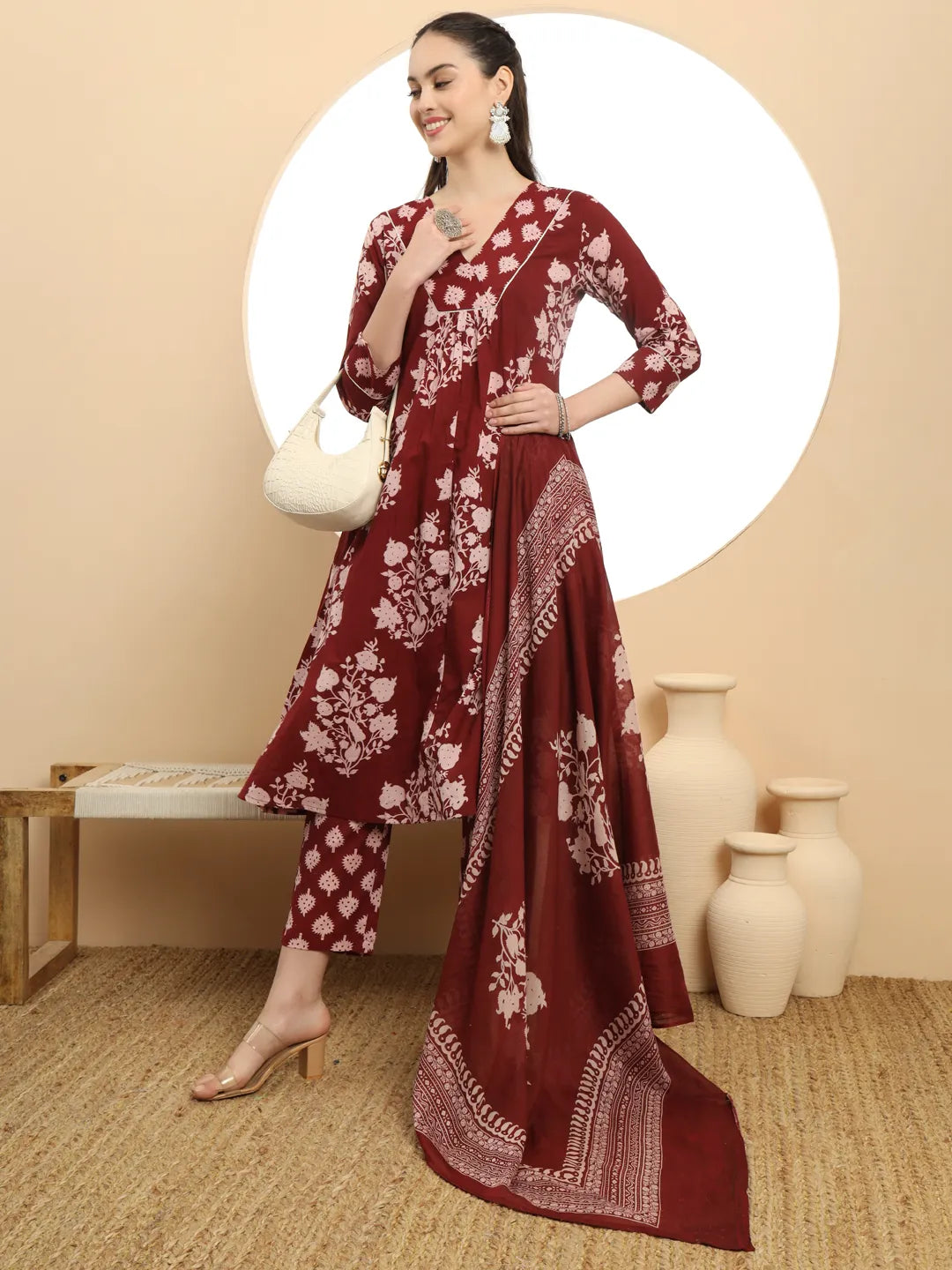 Maroon Floral Print A-Line Kurta Trouser Dupatta Set