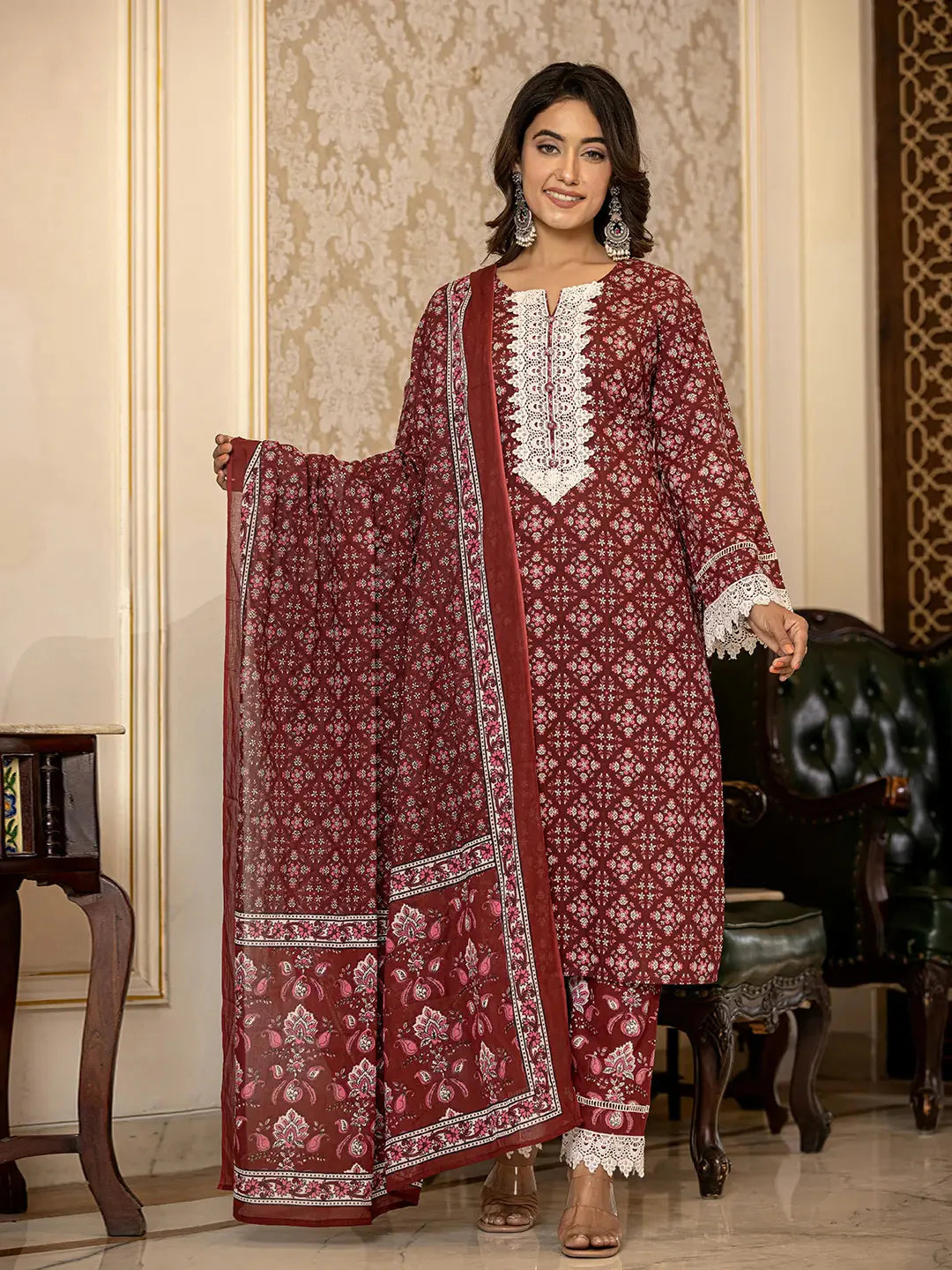 Maroon Floral Print Pakistani Style Kurta Trouser And Dupatta Set