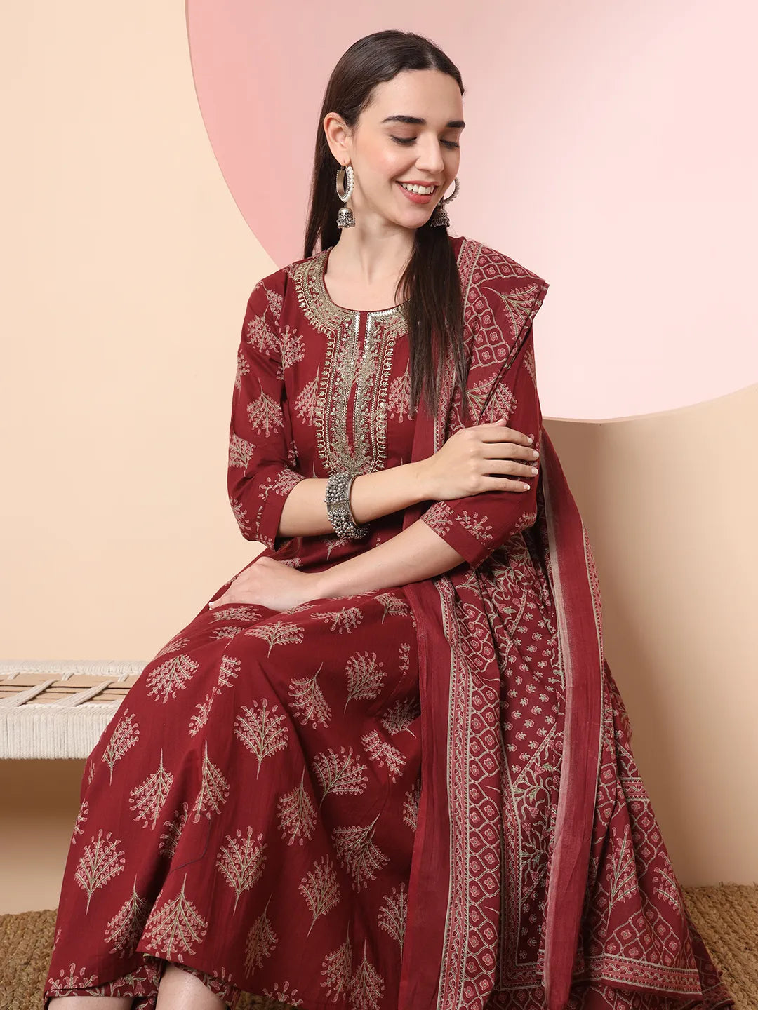 Maroon Pure Cotton Thread Work Anarkali Kurta Dupatta Pant Set