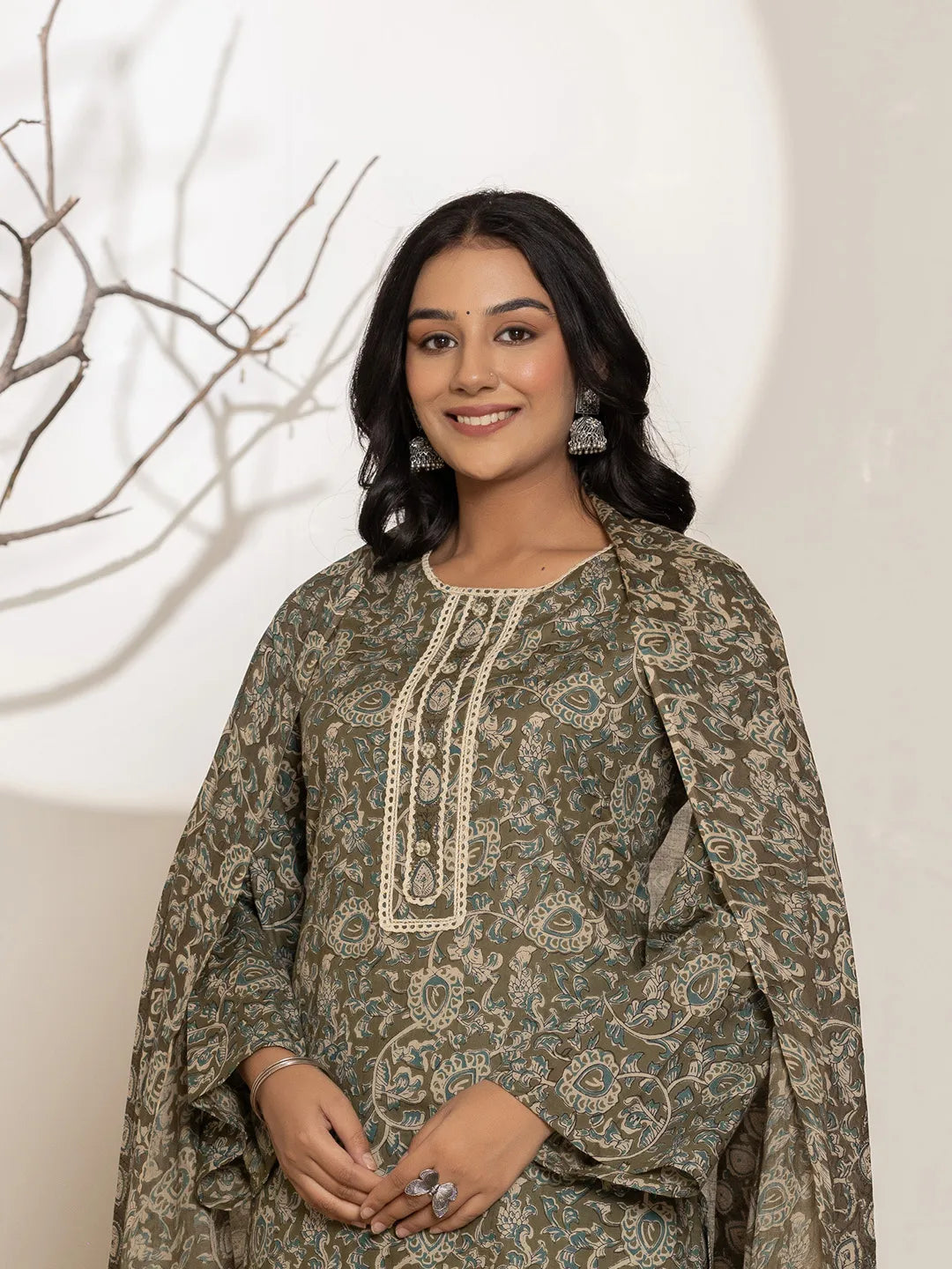 Military Green Cotton Pakistani Kurta Dupatta Set With Pant