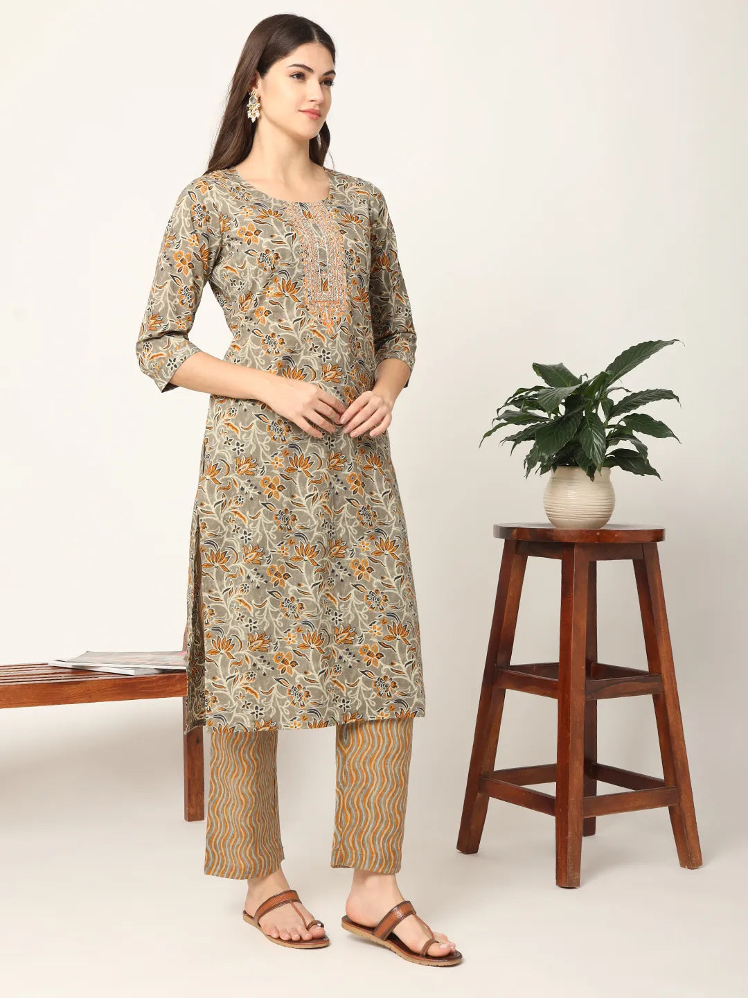 Mustard And Gray Cotton Dori Embroidery Kurta Dupatta Pant Set
