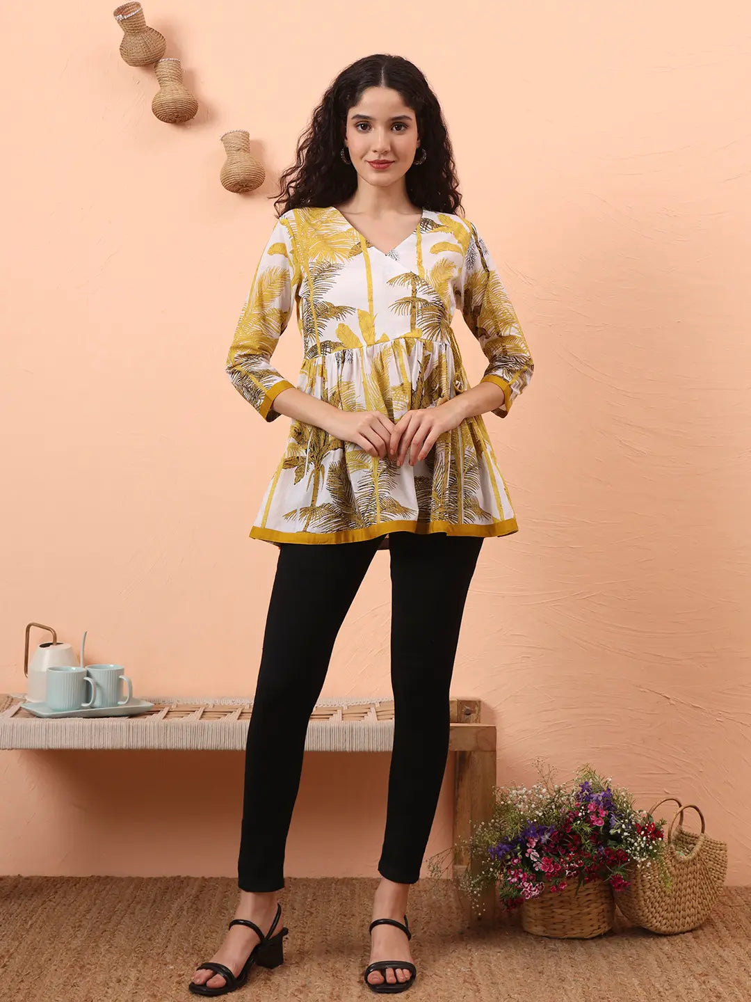Mustard And White Cotton Gathered Or Pleated Angrakha Top