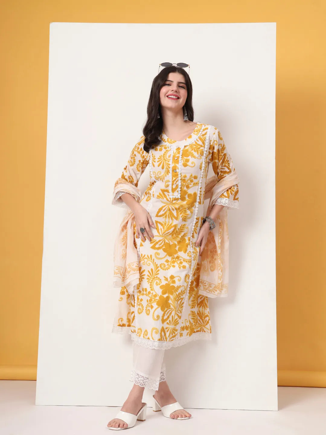 Mustard Cotton A-Line Kurta Dupatta Pant Set