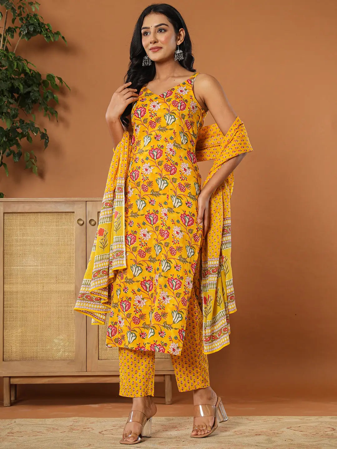 Mustard Cotton Sleeveless Kurta Dupatta Set