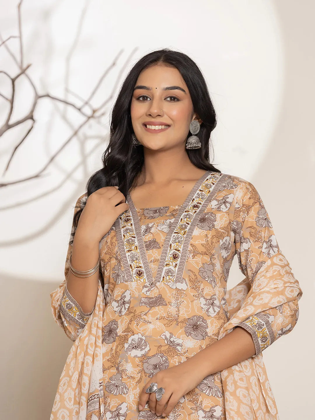 Mustard Floral Print Cotton Straight Kurta Dupatta Set