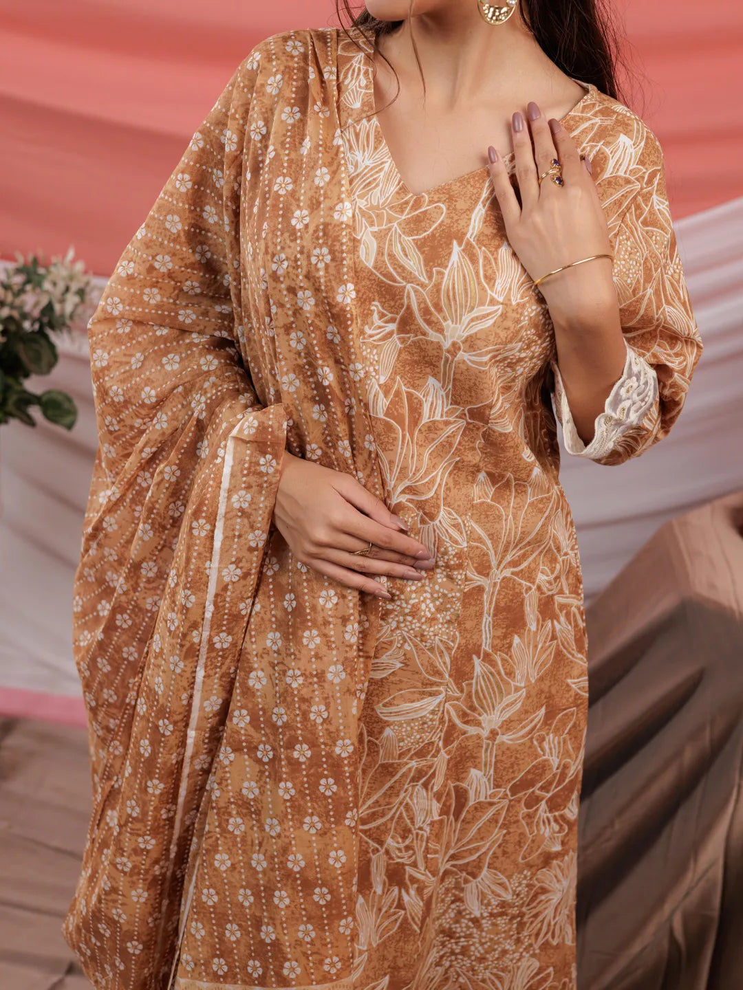 Mustard Floral Print Cotton Straight Kurta Trouser Dupatta Set