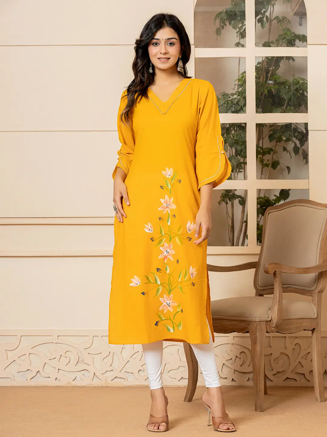 Mustard Hand Painted Straight Kurta
