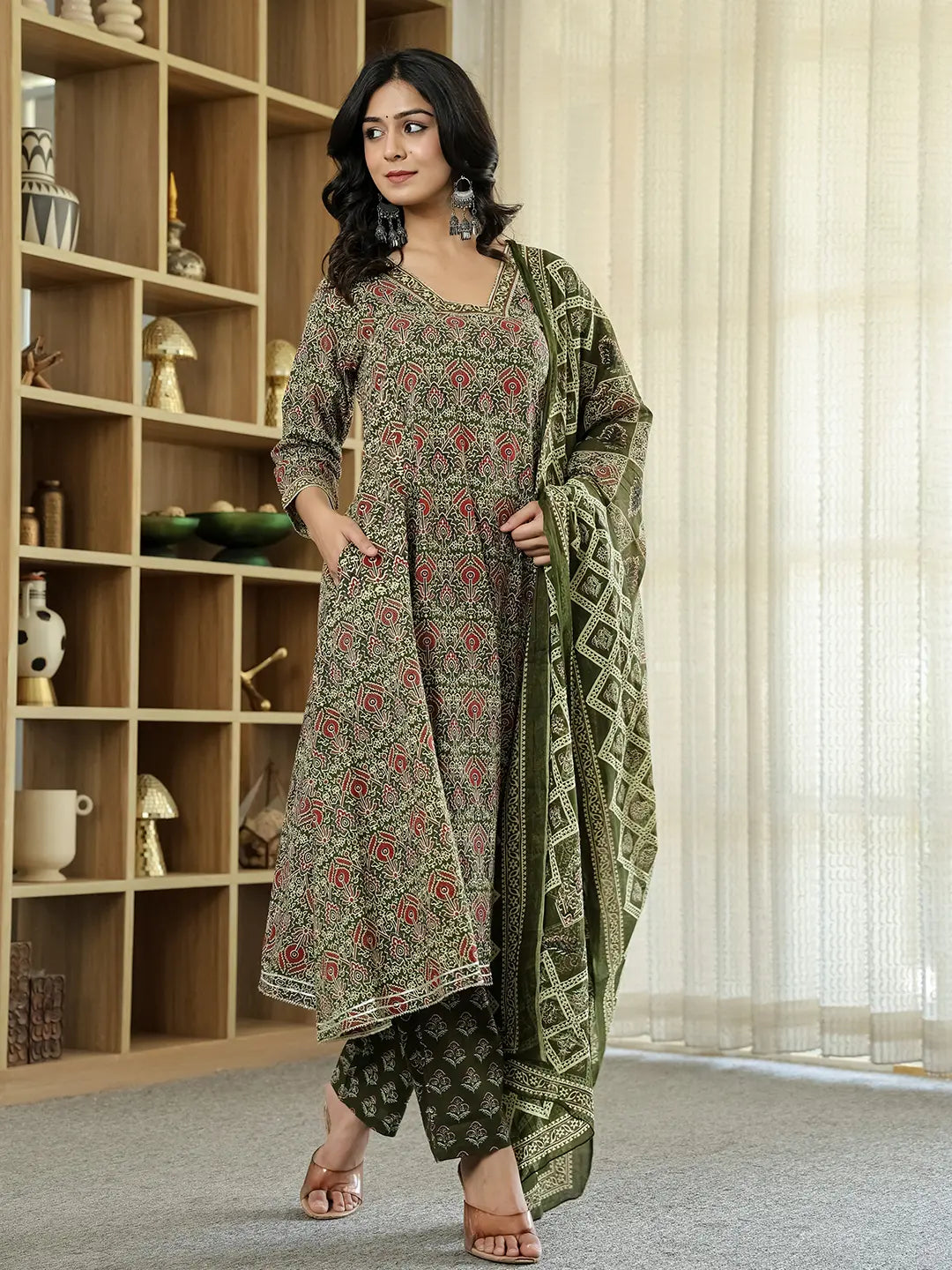 Olive Green Ethnic Motifs A-Line Kurta Trouser Dupatta Set With Bucket Neck