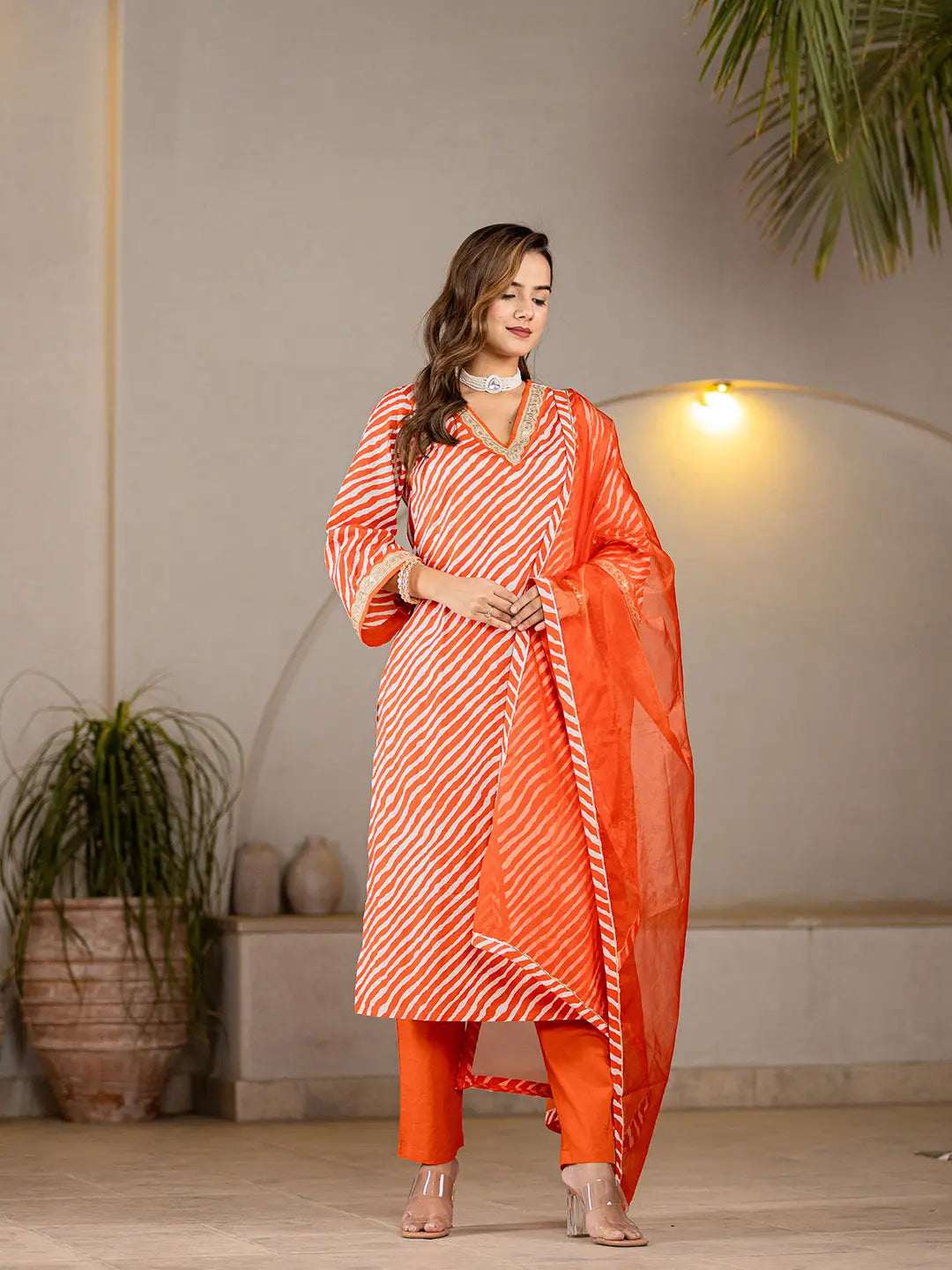 Orange Leheriya Print Cotton Straight Suit Set