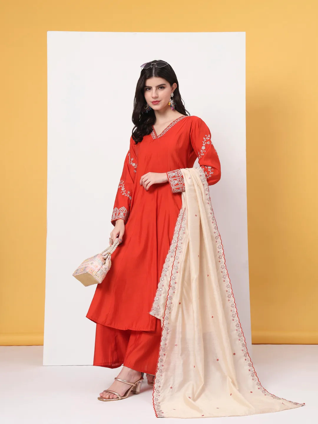 Orange Roman Silk Anarkali Kurta Dupatta Plazo Set
