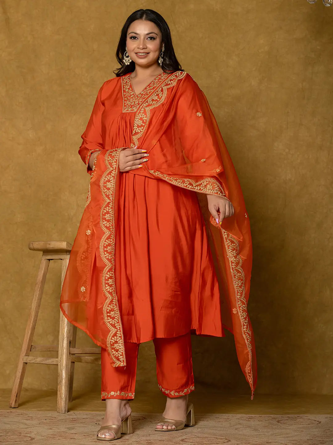 Orange Silk Embroidered Plus Size Kurta Dupatta Set