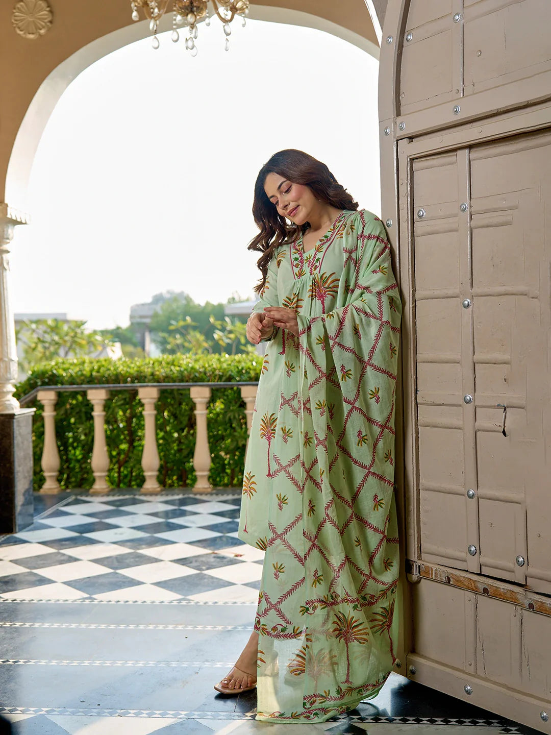 Tree Print A-Line Style Cotton Pleated Yoke Design Kurta Trouser Dupatta Set