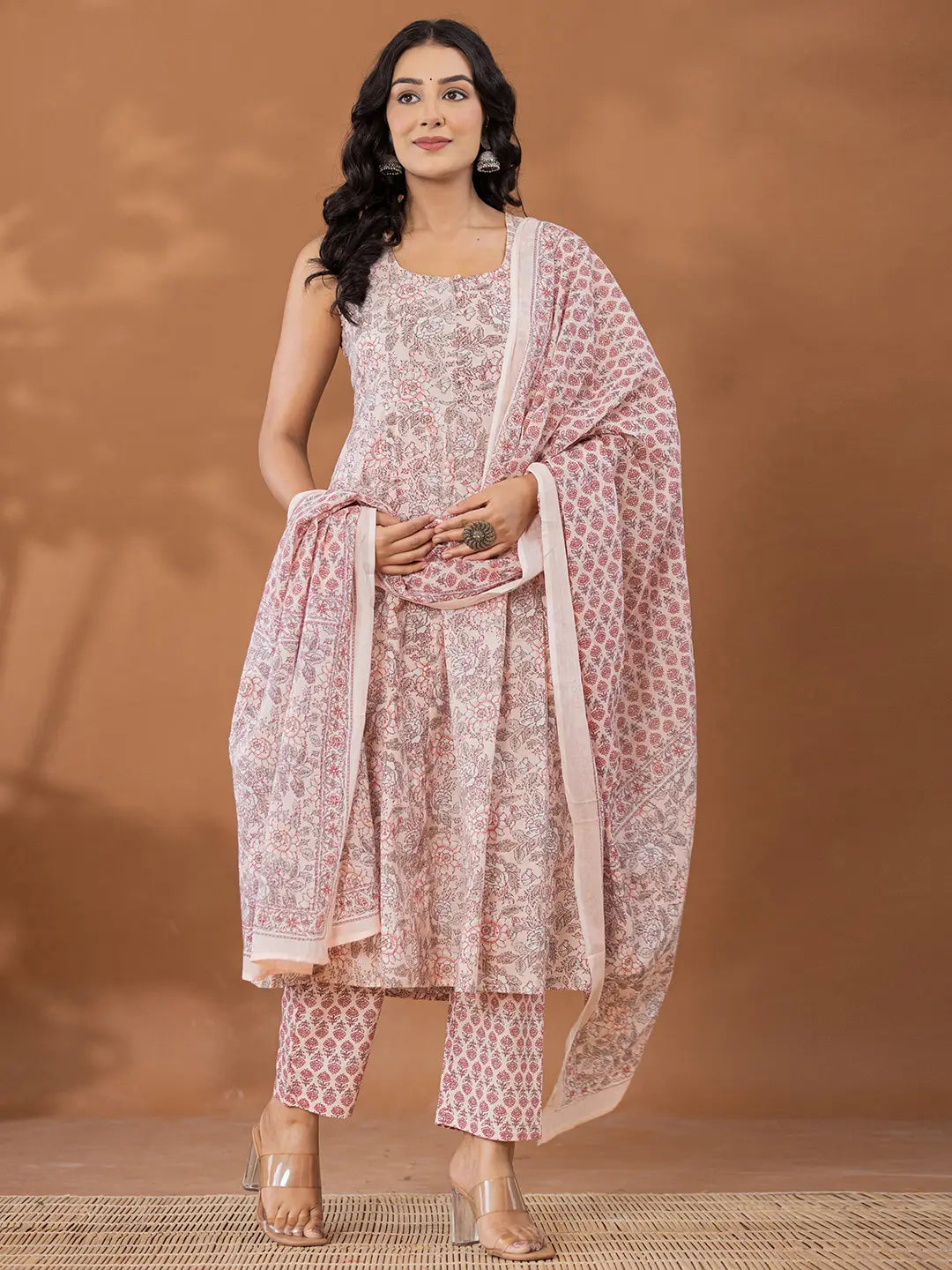 Peach Cotton Anarkali Square Neck Kurta Dupatta Set