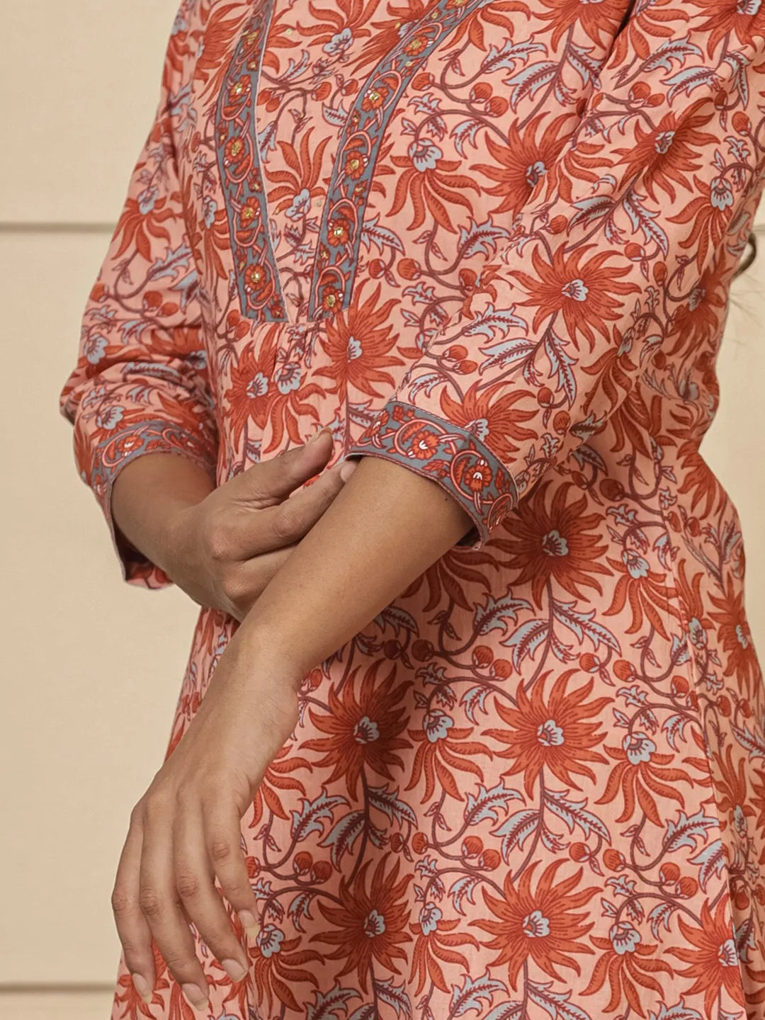 Peach Cotton Sequins Work Kurta Dupatta Set