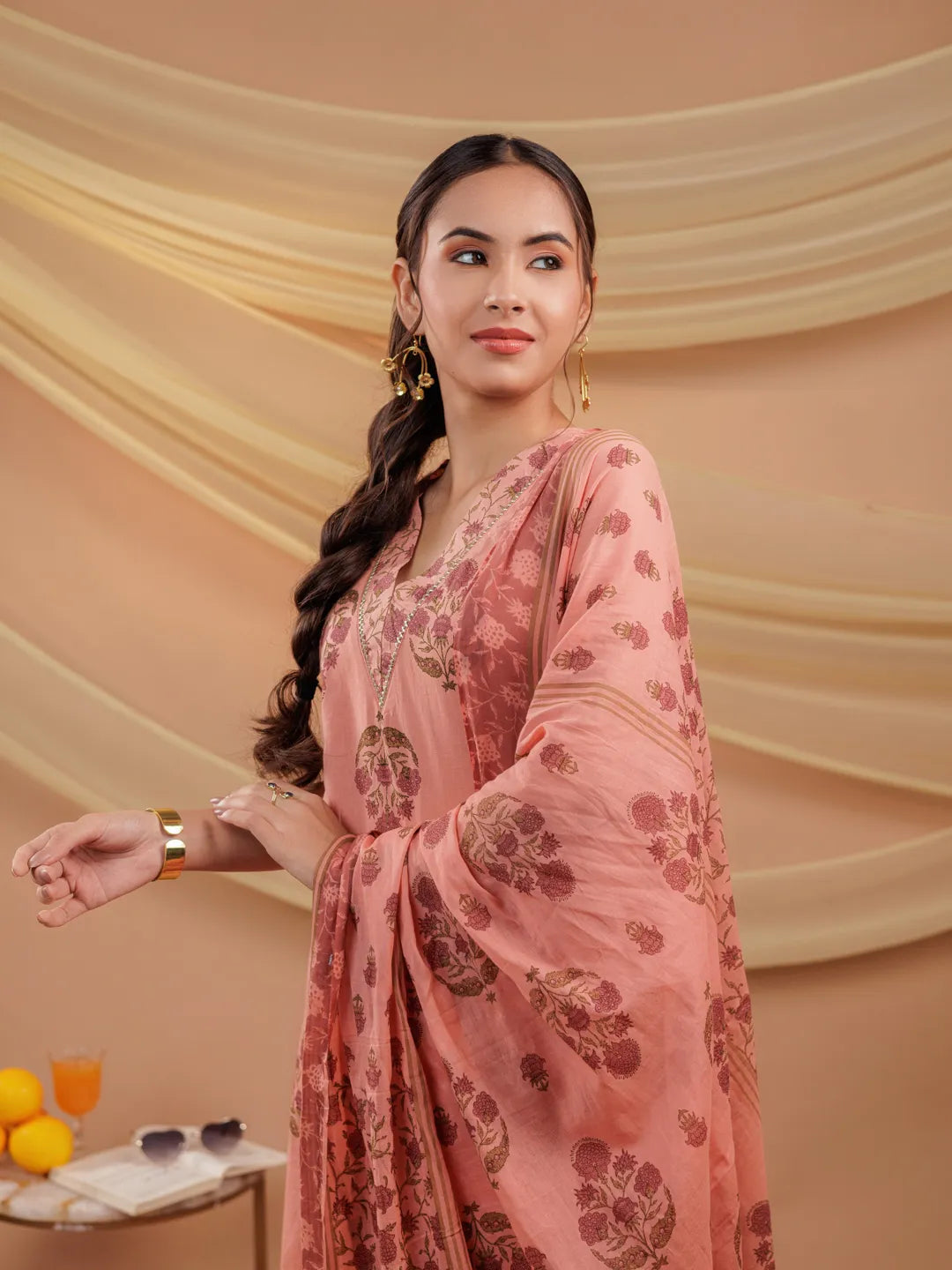 Peach Floral Print Pure Cotton A Line Kurta Dupatta Set