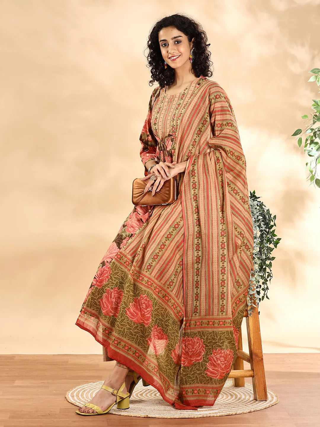 Peach Floral Print Sequins Work Anarkali Kurta And Trouser With Dupatta Set