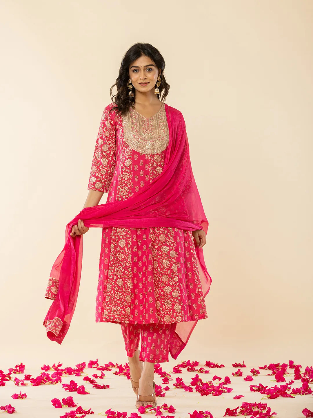 Pink Cotton Embroidered Anarkali Kurta Dupatta Set