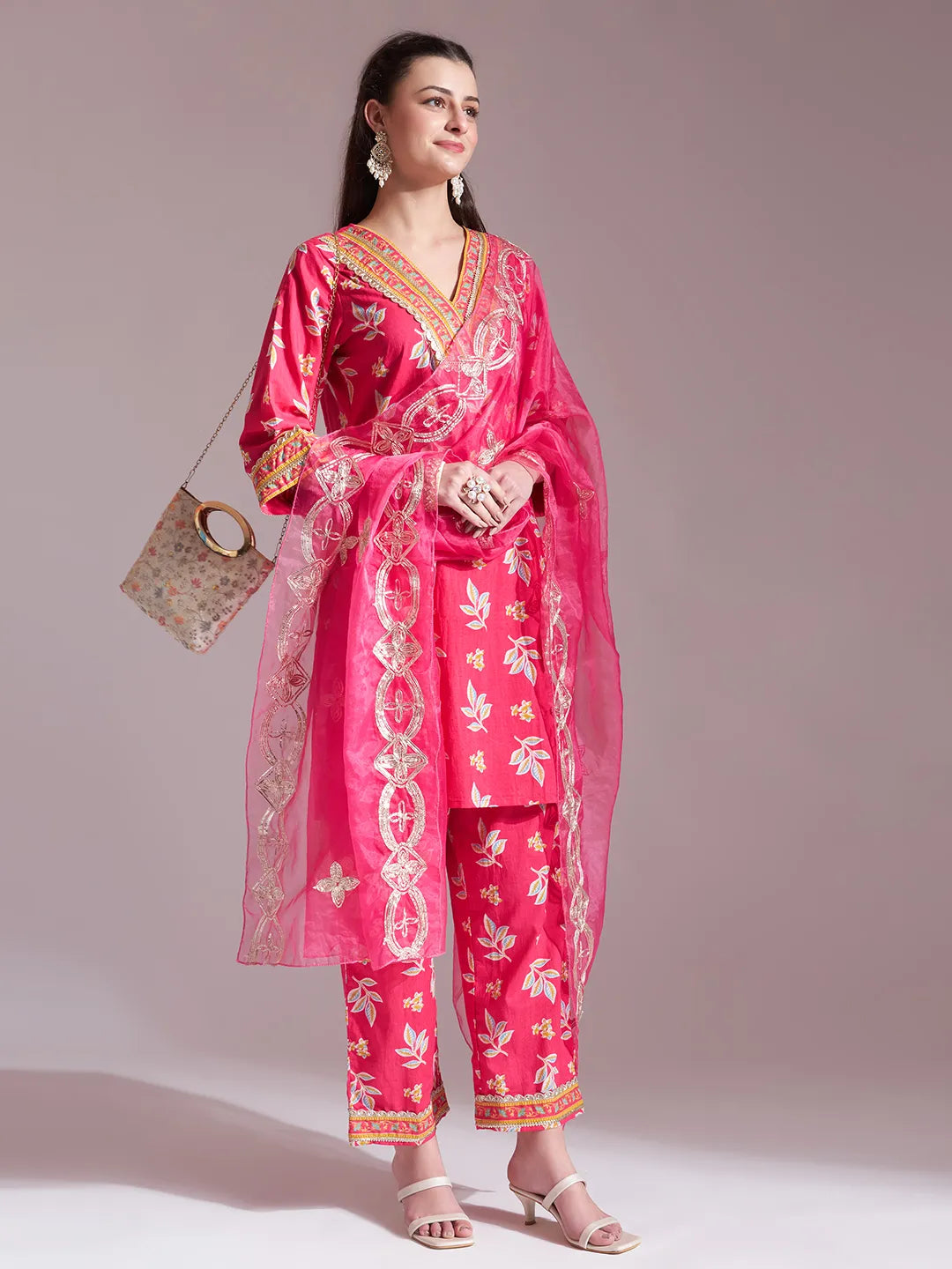 Pink Cotton Lace Work Kurta Set With Pant Dupatta