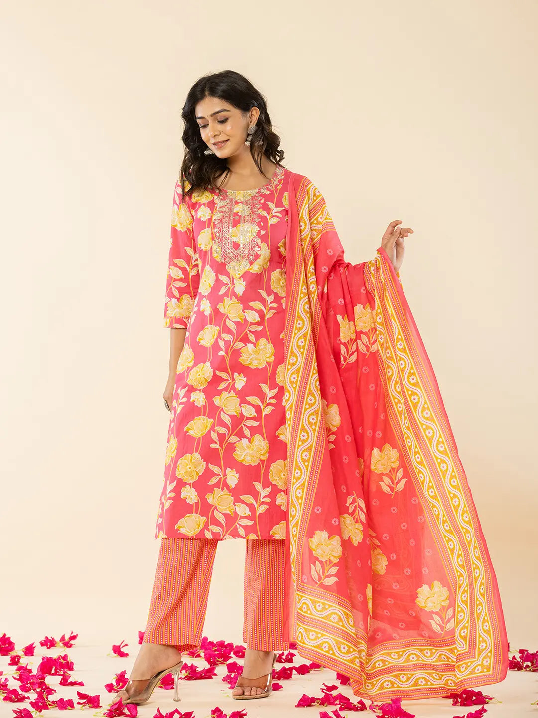 Pink Cotton Sequins Work Straight Kurta Dupatta Pant Set