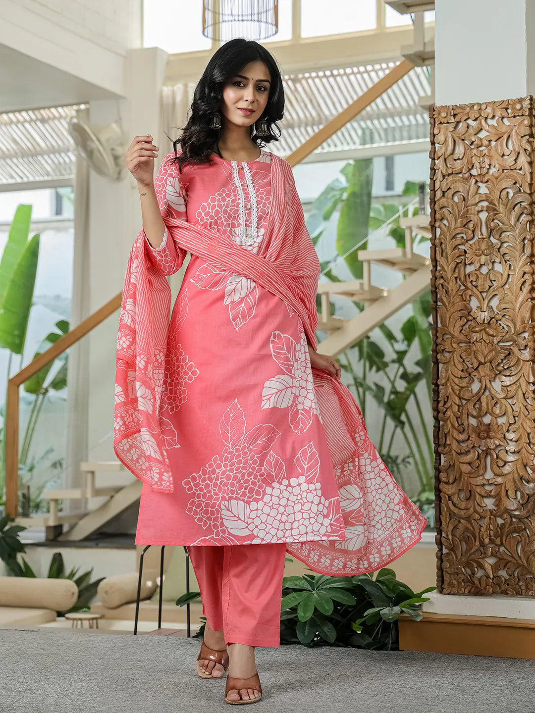 Pink Cotton Straight Lace Work Kurta Dupatta Set