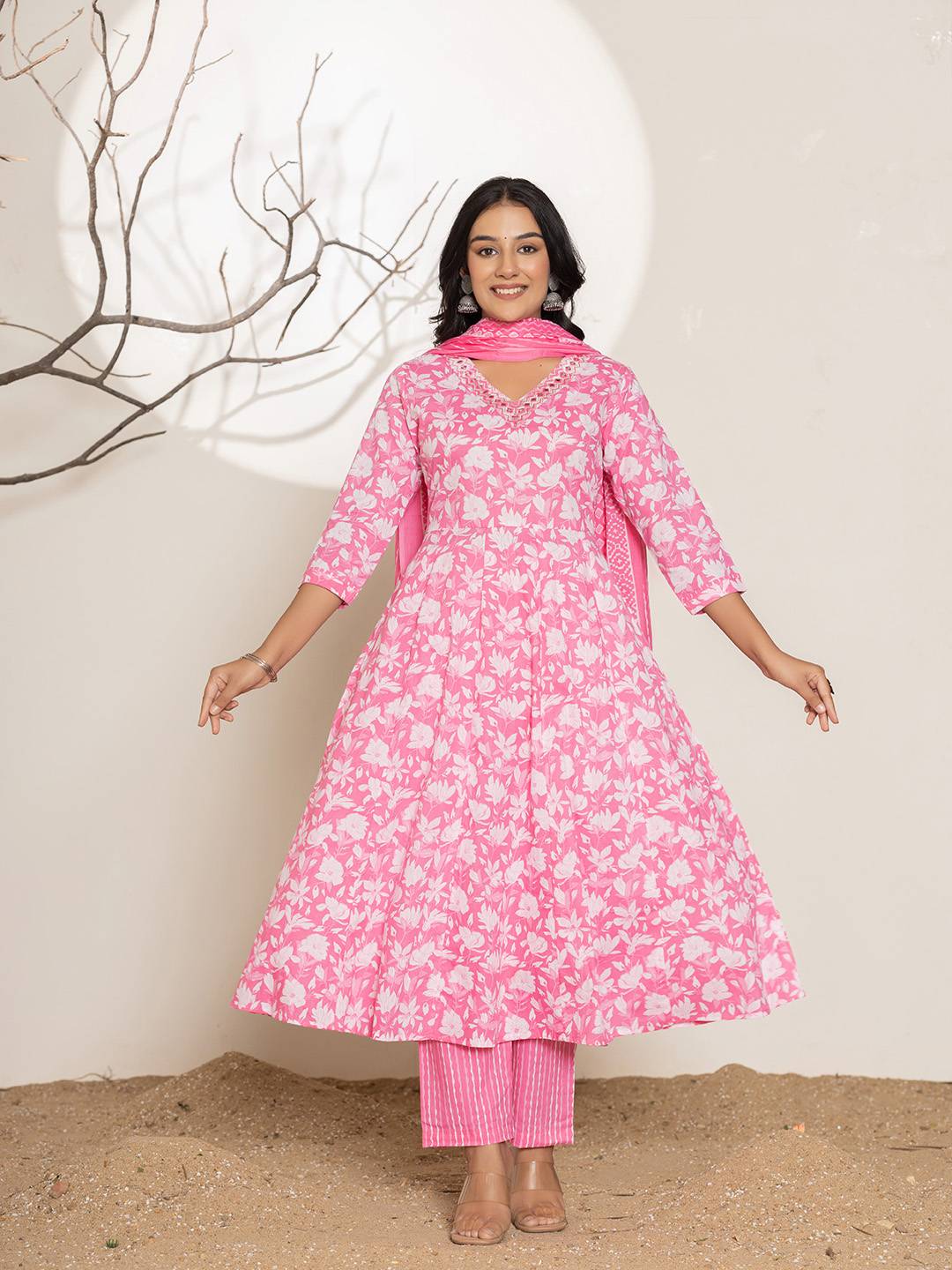 Pink Embroidery Cotton Anarkali Suit Set