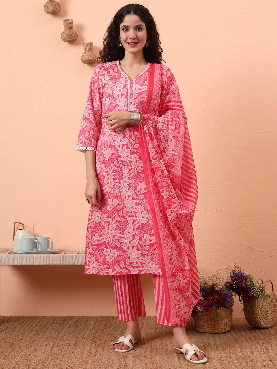 Pink Ethnic Motifs Pure Cotton Straight Kurta Pant Set