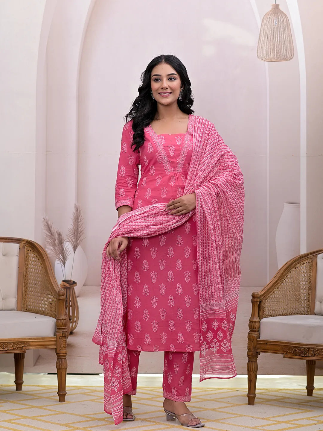 Pink Floral Cotton A Line Suit Set