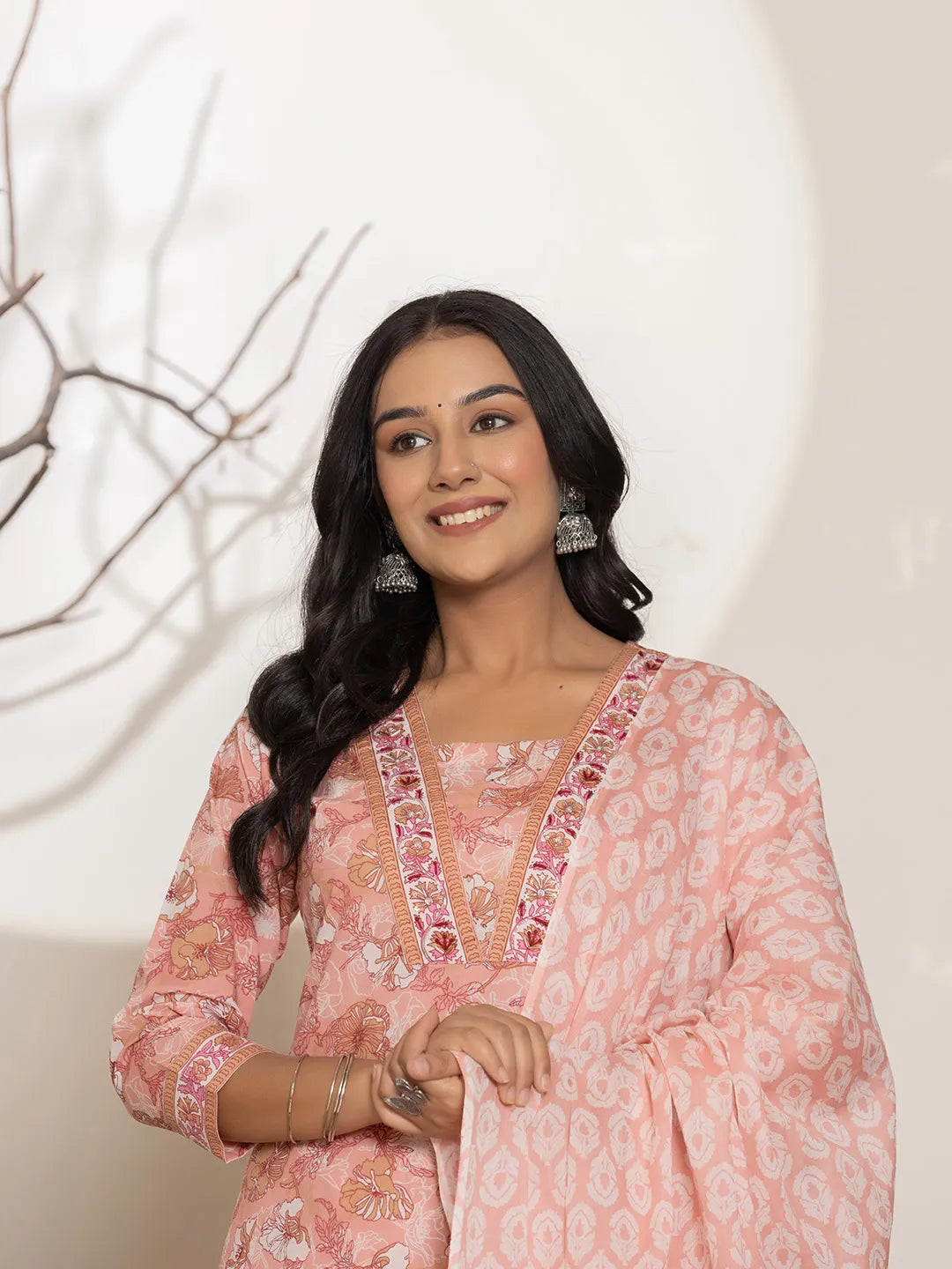 Pink Floral Print Cotton Straight Kurta Dupatta Set