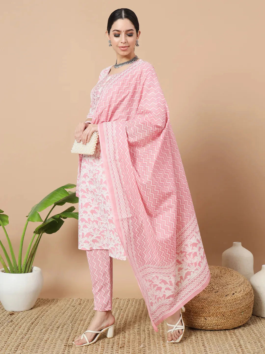 Pink Floral Print Sequins Work Straight Kurta Trouser And Dupatta Set