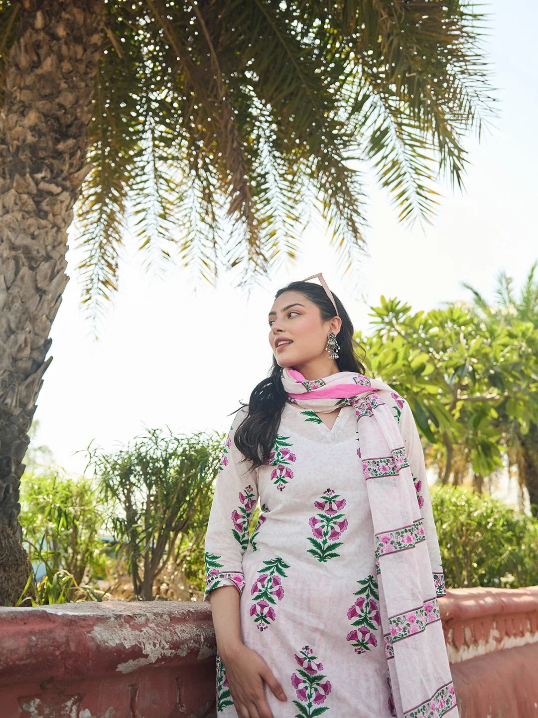 Pink Floral Straight Kurta Trouser Dupatta Set