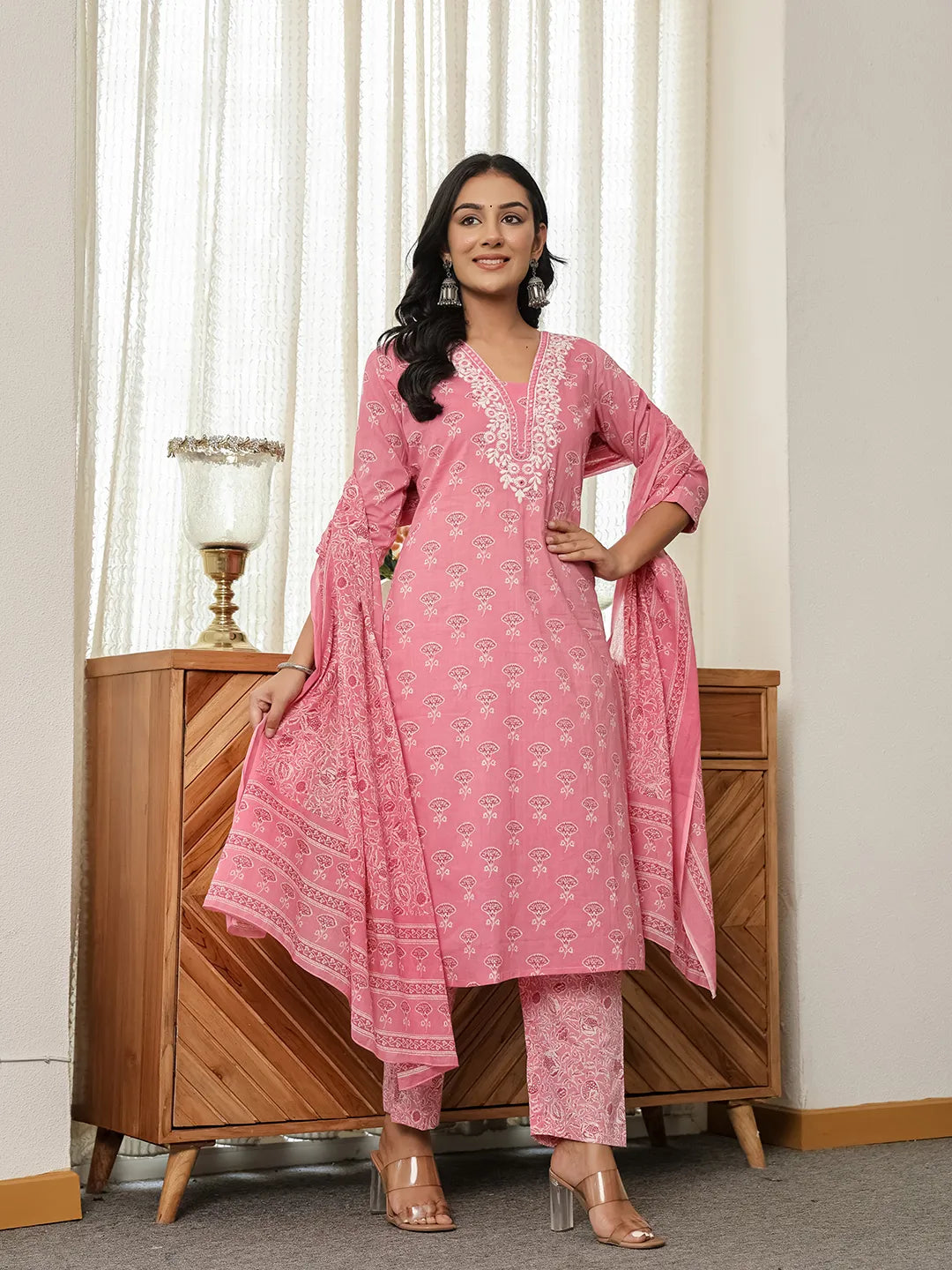 Pink Floral Thread Work Straight Kurta Trouser Dupatta Set