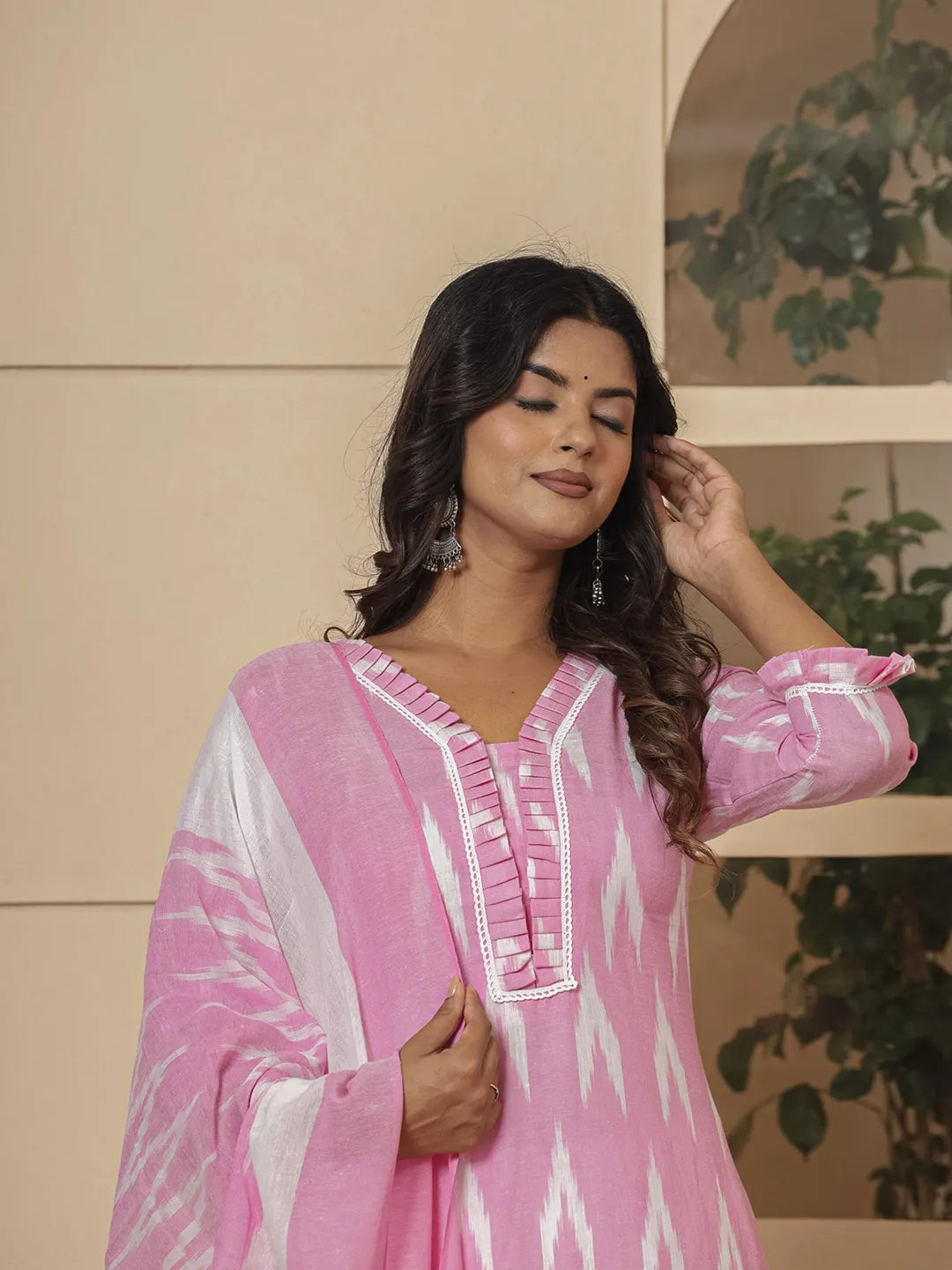 Pink Ikat Print Straight Strappy Kurta Trouser And Dupatta Set