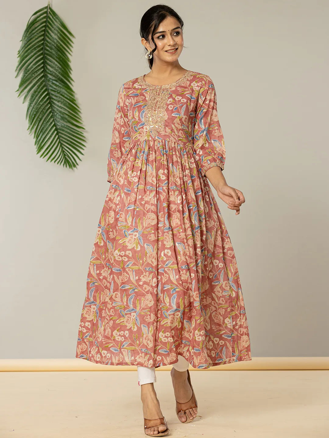 Pink Pure Cotton Sequins Work Dress