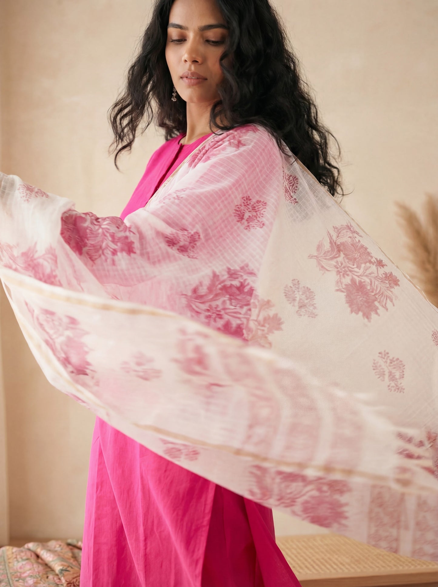Silk Blend Straight Kurta Pant With Handblock Print Kota Doriya Dupatta Set
