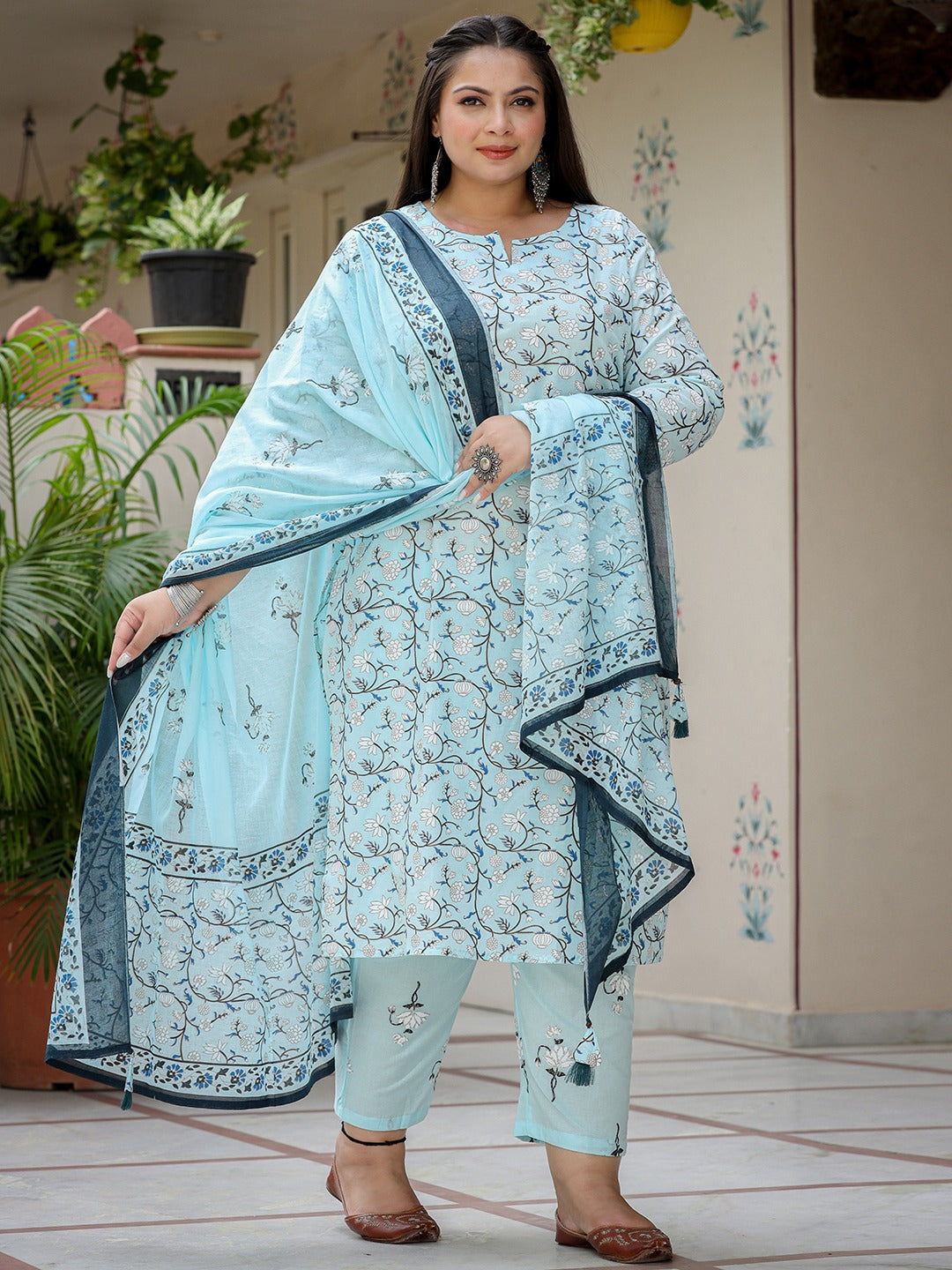 Plus Size Floral Cotton Kurta Dupatta Set