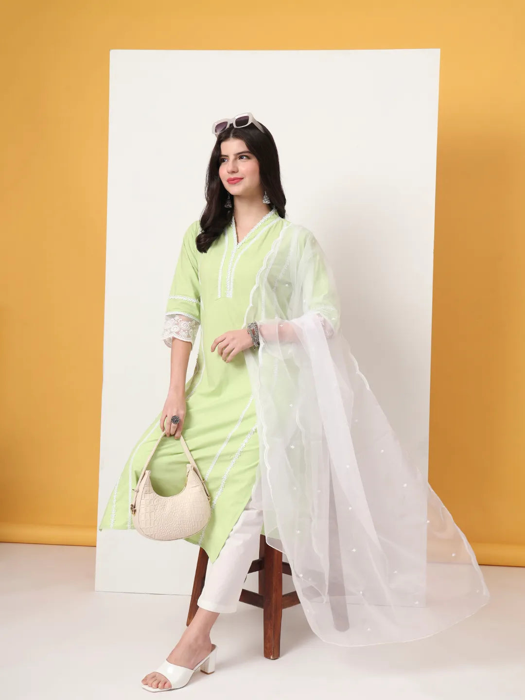 Premium Cotton Poplin Green Kurta Dupatta Pant Set