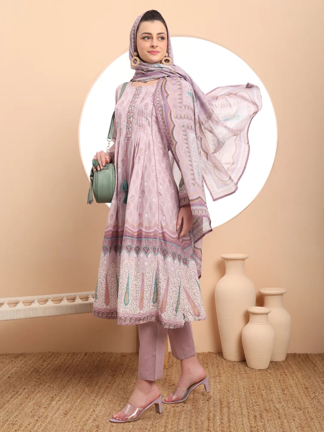 Premium Mul Cotton Lavender Kurta Dupatta Pant Set