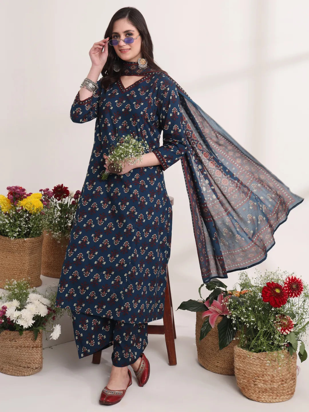 Pure Cotton Blue A-Line Kurta Dupatta Set With Handwork