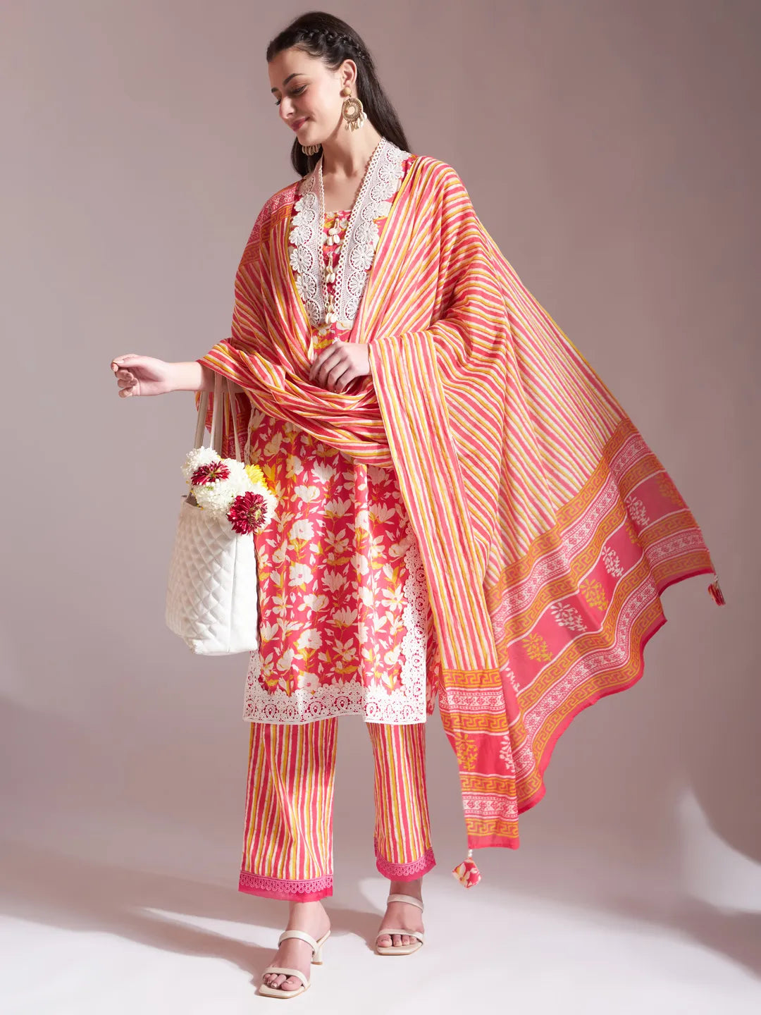 Pure Cotton Pink Kurta Dupatta Set With Lace Detailing