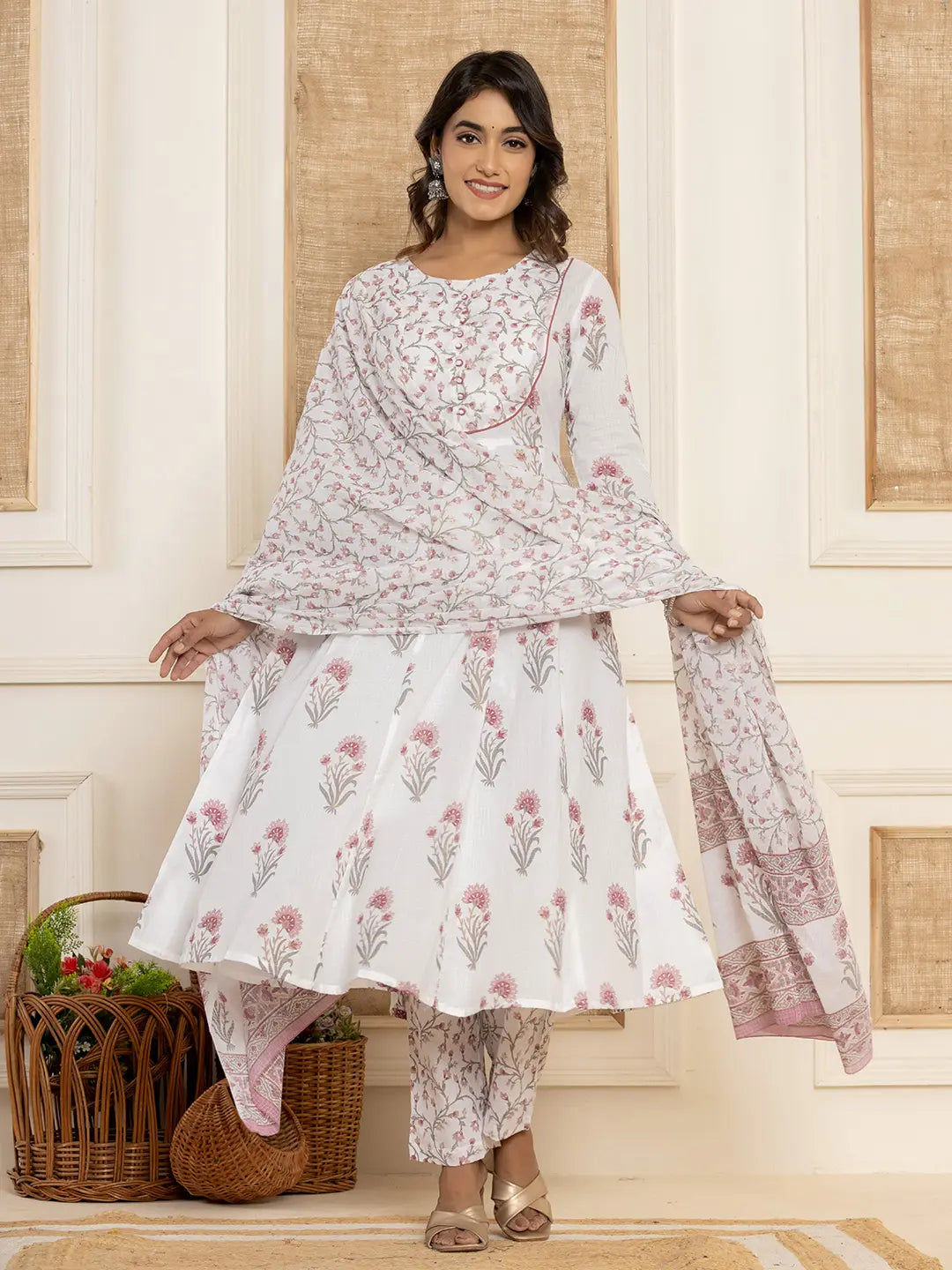 Purple And White Floral Print Piping Anarkali Style Kurta And Trousers With Dupatta Set