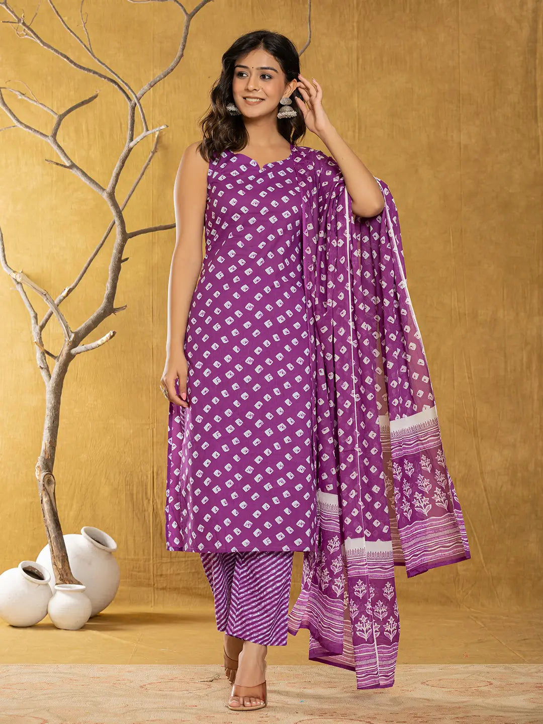 Purple Bandhani Cotton Straight Kurta Trouser & Dupatta Set