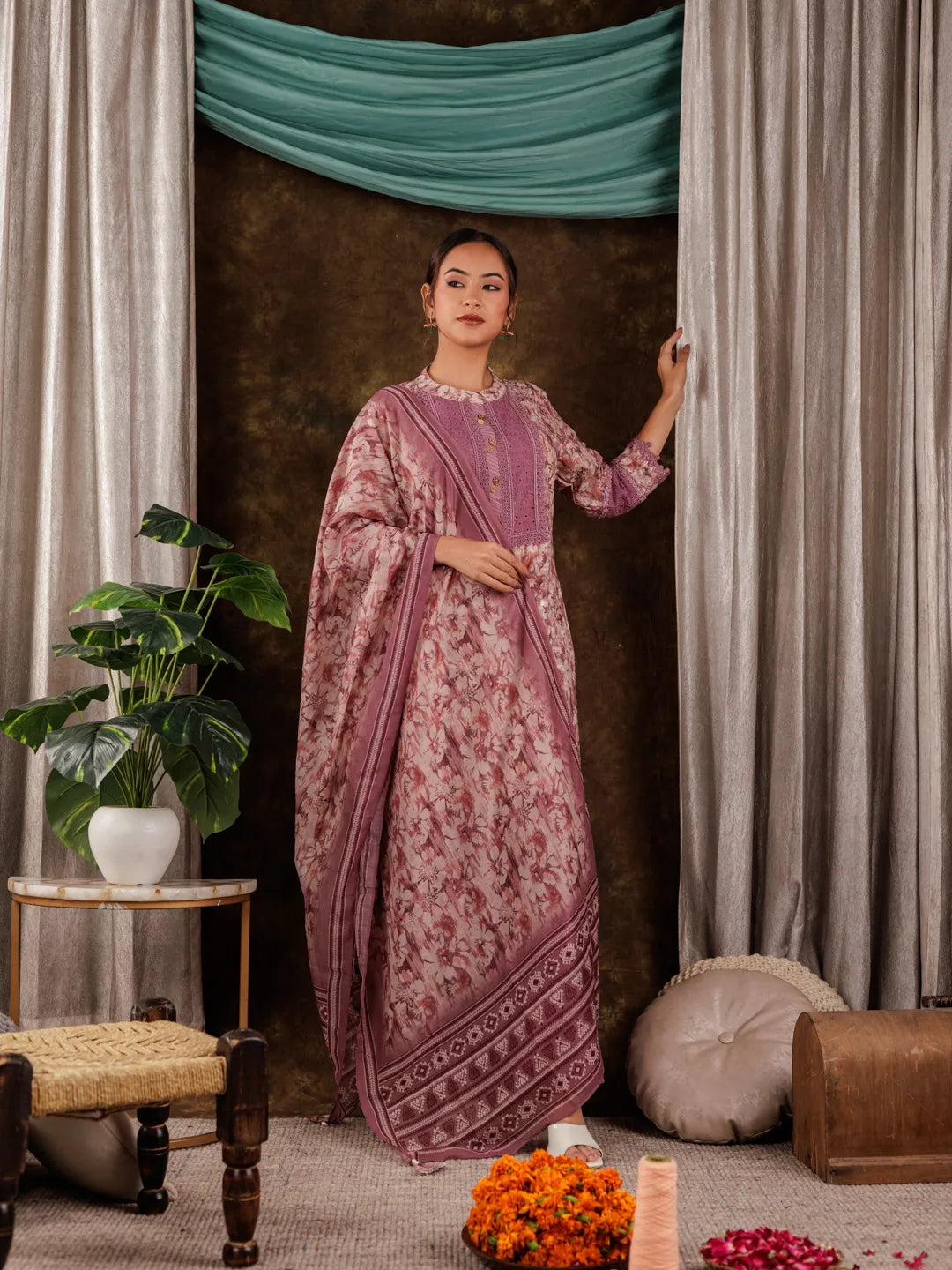 Purple Cotton Schiffli Kurta Dupatta Set With Lace Detailing
