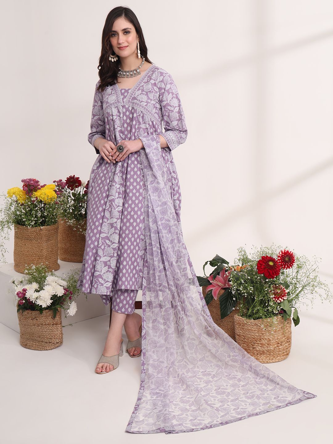 Purple Ethnic Motifs Cotton Kurta Dupatta Set
