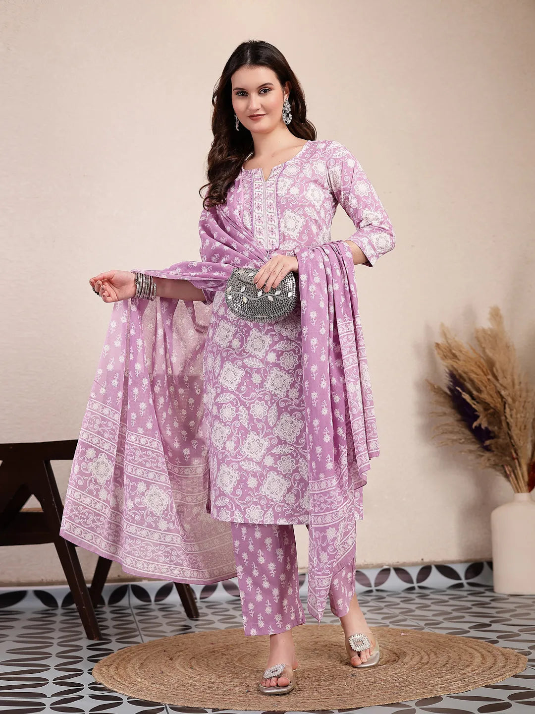 Purple Ethnic Motifs Print Straight Kurta Trouser Dupatta Set