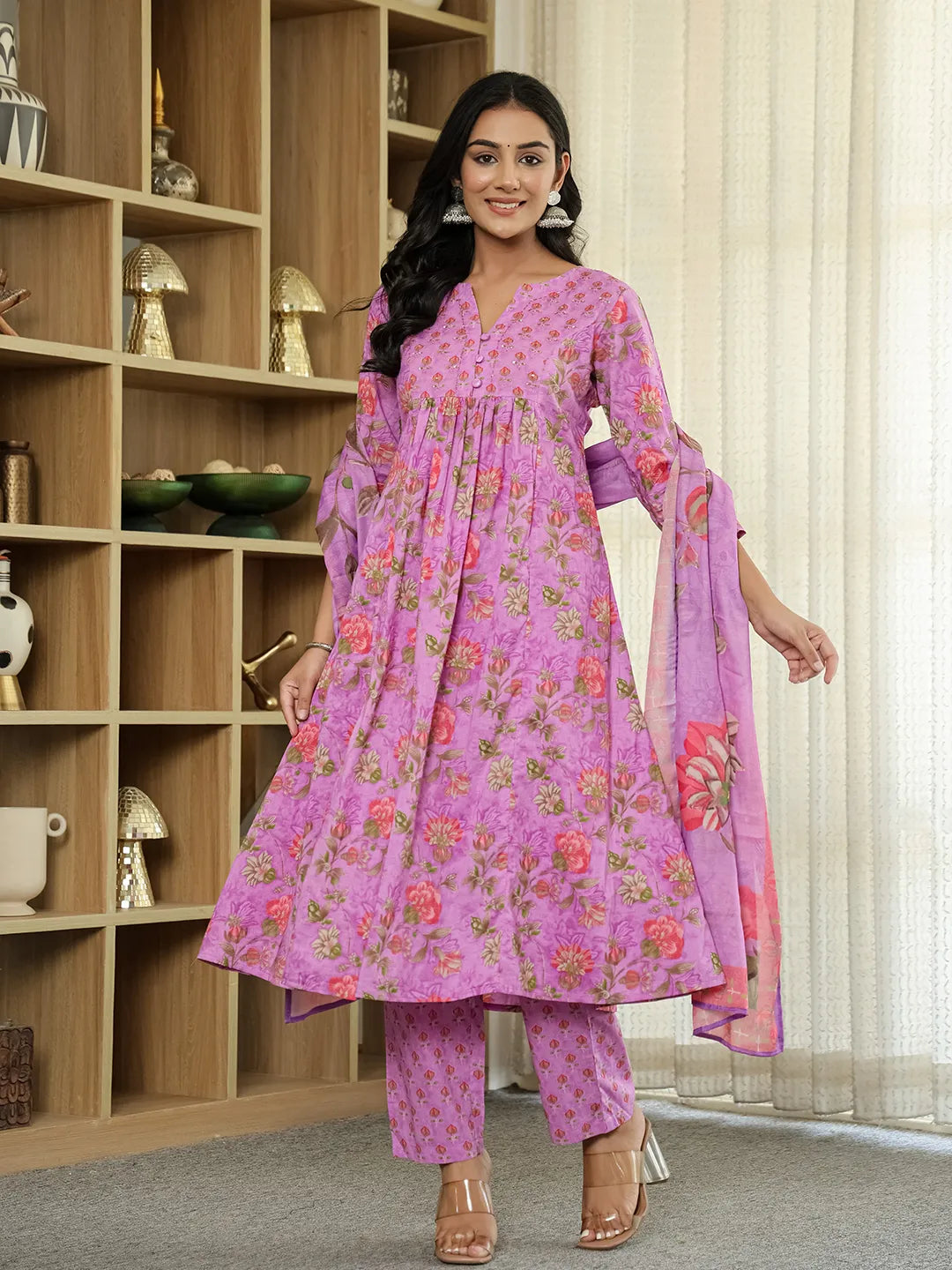 Purple Floral Print Aline Kurta Trouser Dupatta Set