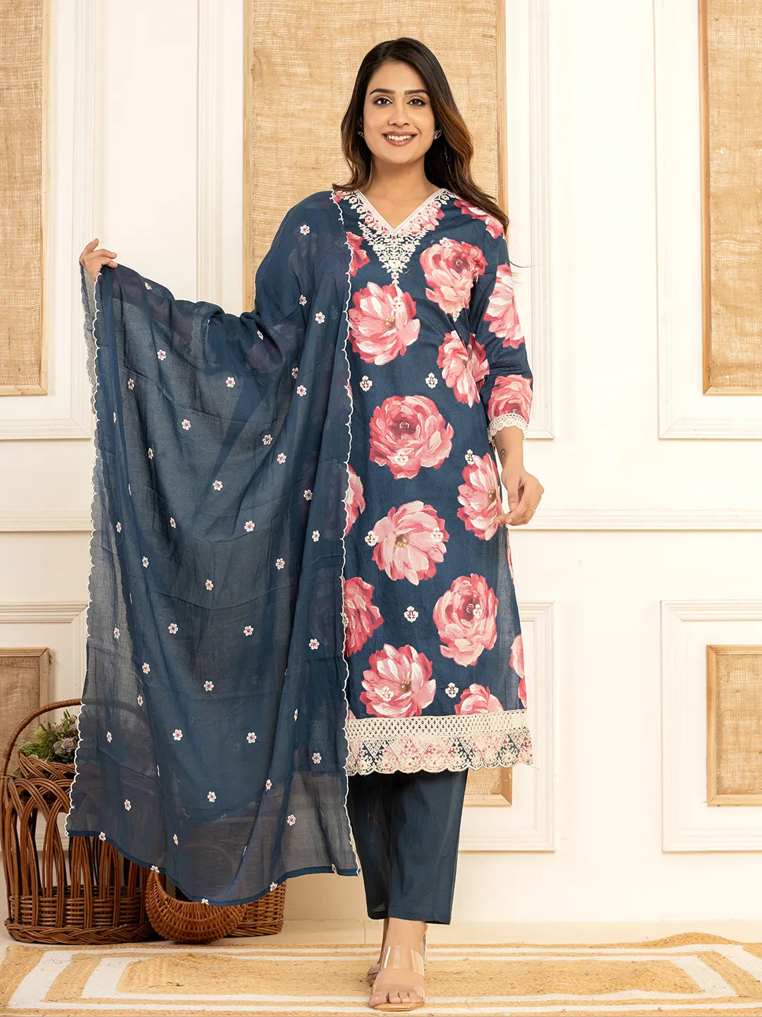 Purple Floral Print Cotton Straight Side Slits Kurta And Trouser With Dupatta Set