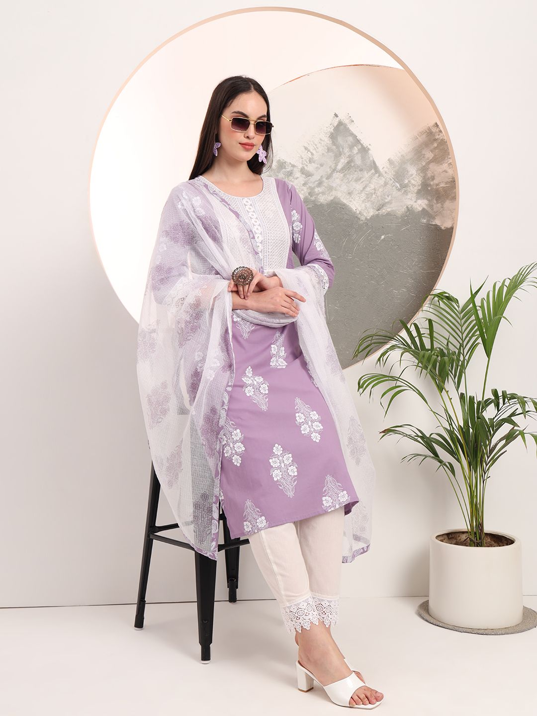 Purple Floral Printed Straight Kurta Trouser Dupatta Set